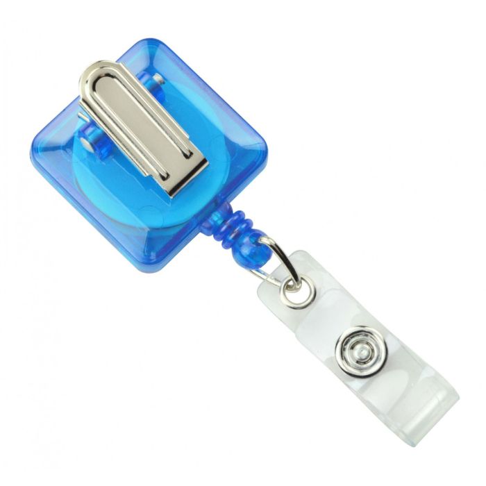Custom Blue Translucent Square Badge Reels - Spring Clip 