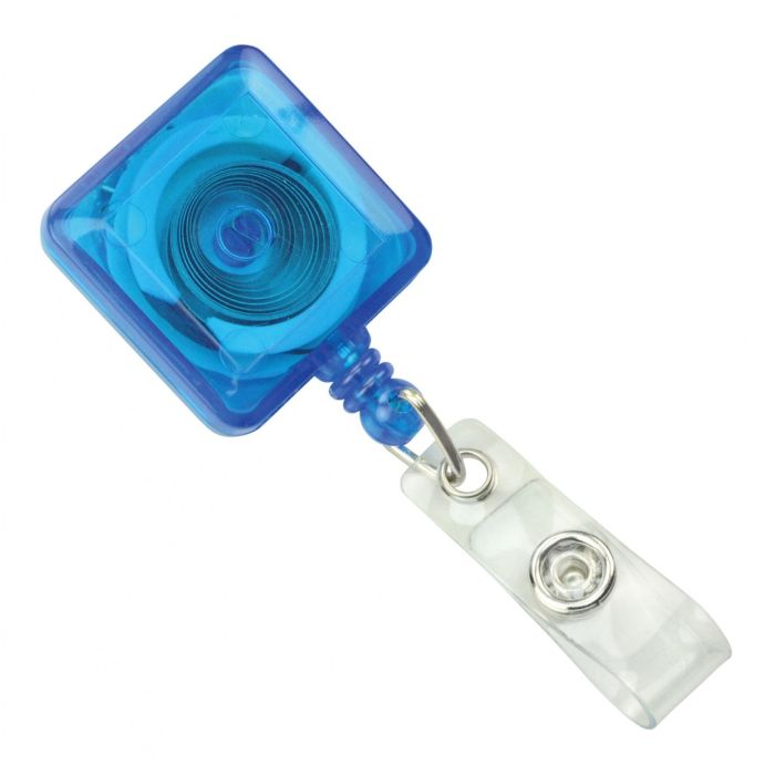 Custom Blue Translucent Square Badge Reels - Spring Clip 