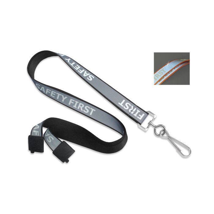 5/8'' Black Reflective Silk Screen Safety Lanyard w/ Safety Breakaway & Swivel Hook 