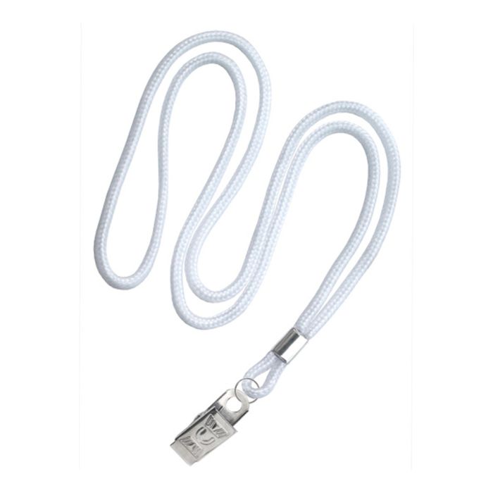 1/8'' White Round Braid Lanyard with Bulldog Clip 