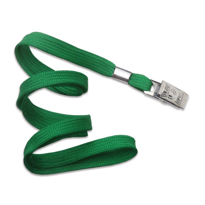 3/8'' Green Flat Braid Lanyard with Bulldog Clip 