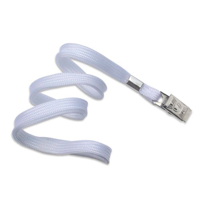 3/8'' White Flat Braid Lanyard with Bulldog Clip 