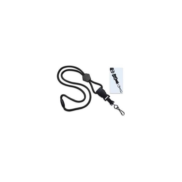 1/4'' Black Round Breakaway Lanyard w/ Diamond Slider & Detachable Black Oxide Swivel Hook 