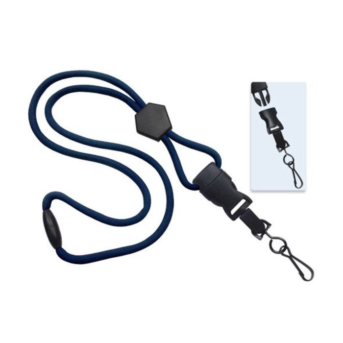 1/4'' Navy Blue Round Breakaway Lanyard w/ Diamond Slider & Detachable Black Oxide Swivel Hook 