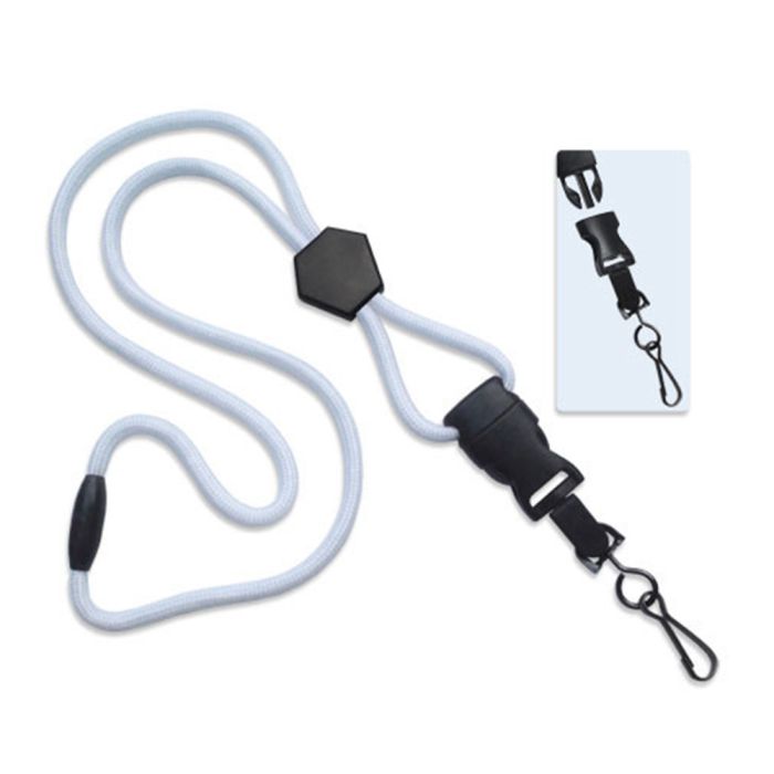 1/4'' White Round Breakaway Lanyard w/ Diamond Slider & Detachable Black Oxide Swivel Hook 