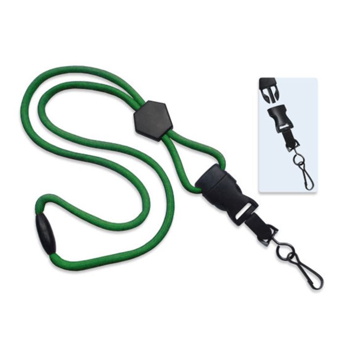 1/4'' Green Round Breakaway Lanyard w/ Diamond Slider & Detachable Black Oxide Swivel Hook 