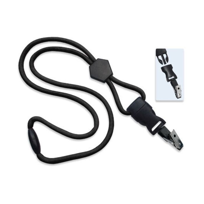 1/4'' Black Round Breakaway Lanyard w/ Diamond Slider & Detachable Black Oxide Bulldog Clip 