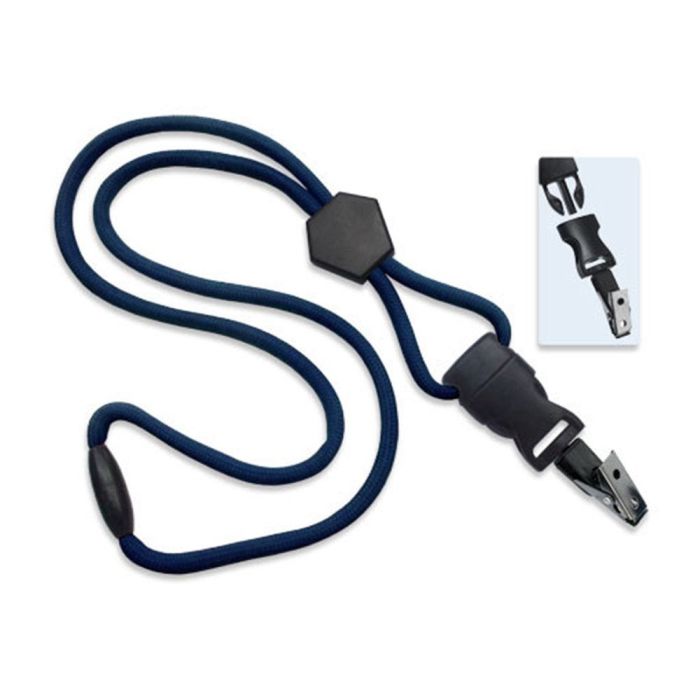1/4'' Navy Blue Round Breakaway Lanyard w/ Diamond Slider & Detachable Black Oxide Bulldog Clip