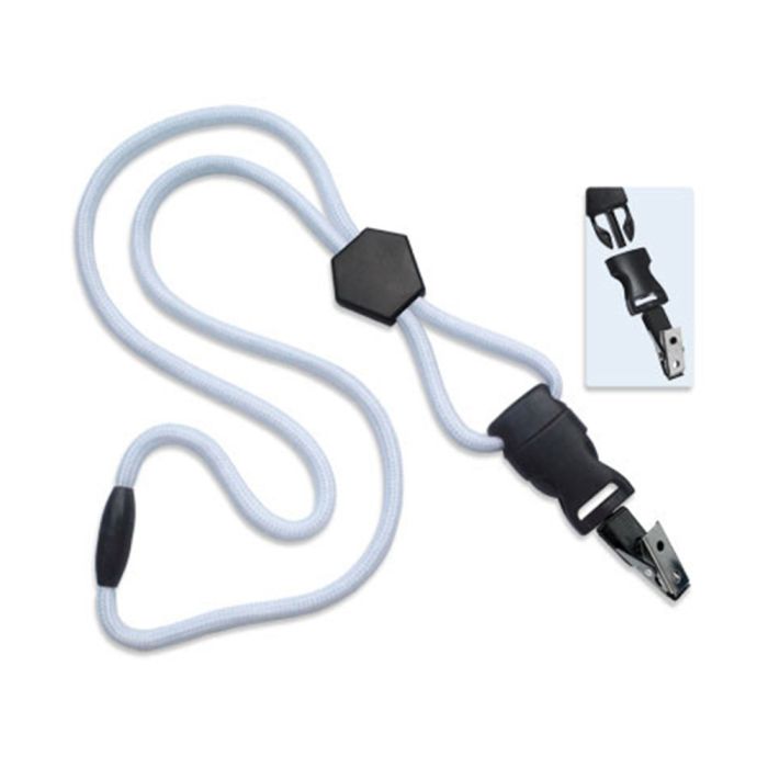 1/4'' White Round Breakaway Lanyard w/ Diamond Slider & Detachable Black Oxide Bulldog Clip 