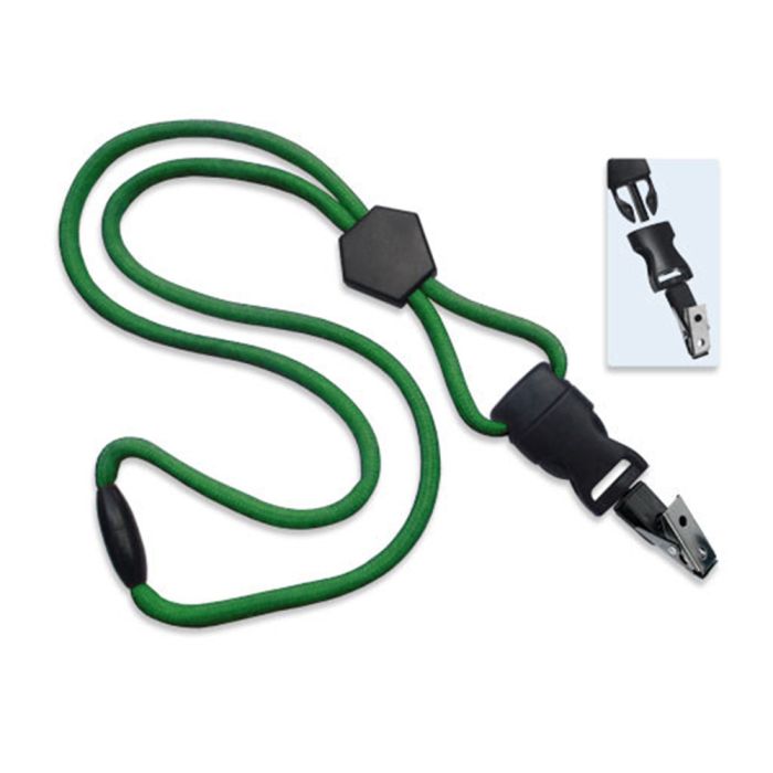 1/4'' Green Round Breakaway Lanyard w/ Diamond Slider & Detachable Black Oxide Bulldog Clip 
