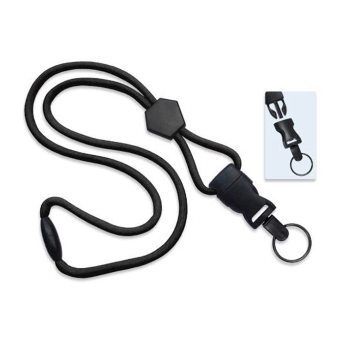 1/4'' Black Round Breakaway Lanyard w/ Diamond Slider & Detachable Black Oxide Split Ring
