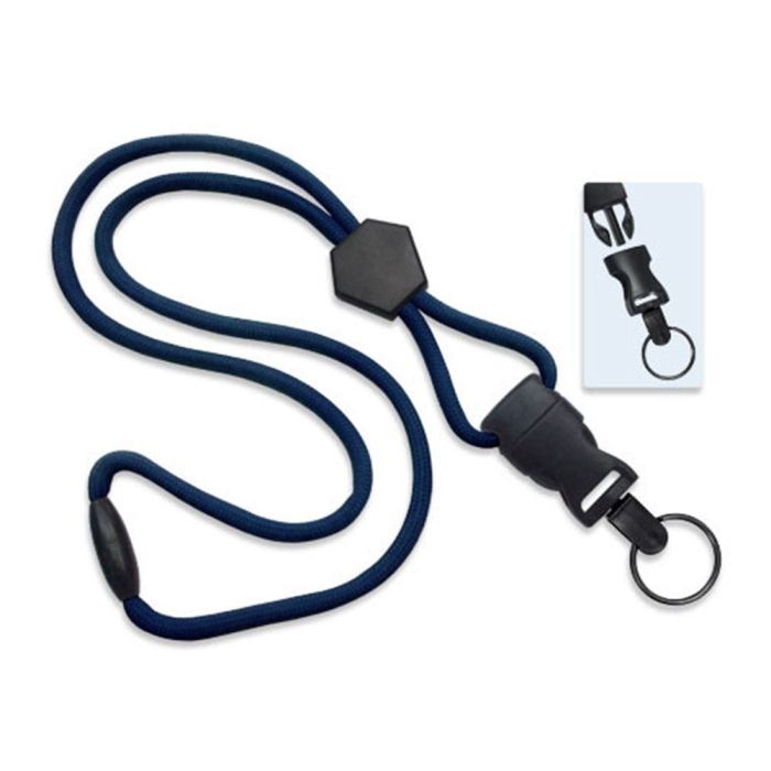 1/4'' Navy Blue Round Breakaway Lanyard w/ Diamond Slider & Detachable Black Oxide Split Ring 
