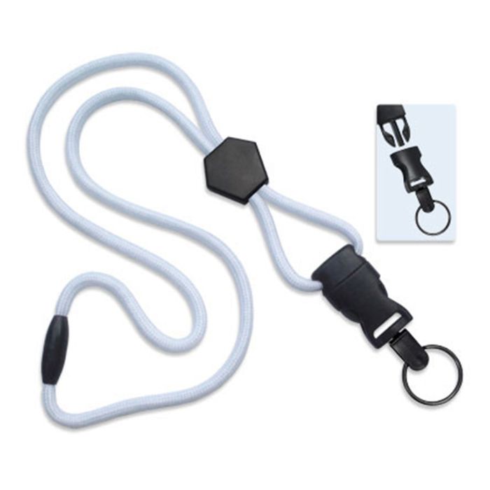 1/4'' White Round Breakaway Lanyard w/ Diamond Slider & Detachable Black Oxide Split Ring 
