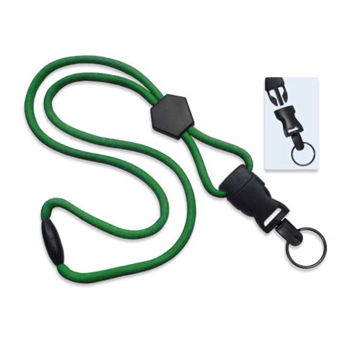 1/4'' Green Round Breakaway Lanyard w/ Diamond Slider & Detachable Black Oxide Split Ring 