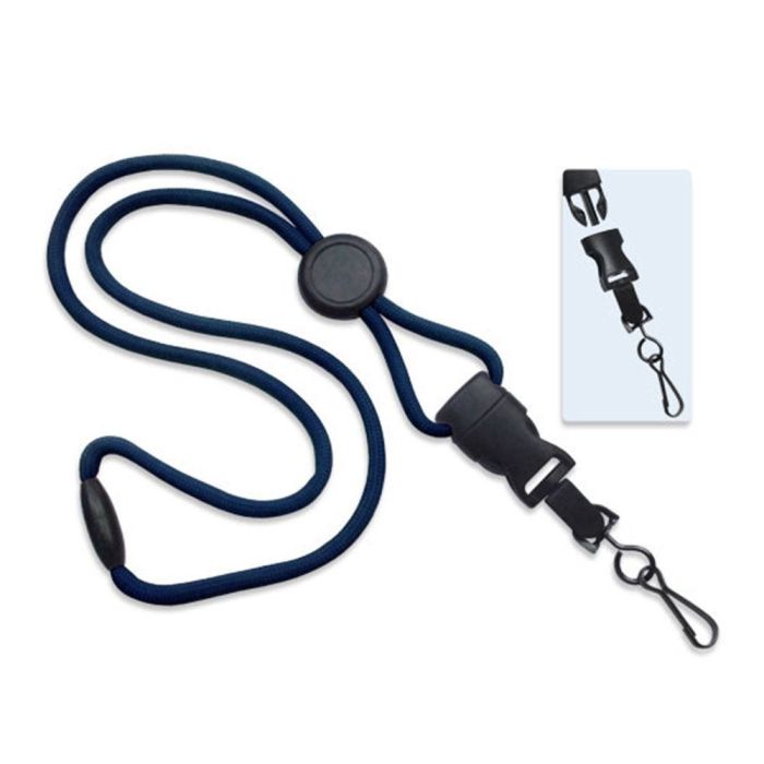 1/4'' Navy Blue Round Breakaway Lanyard w/ Round Slider & Detachable Black Oxide Swivel Hook  