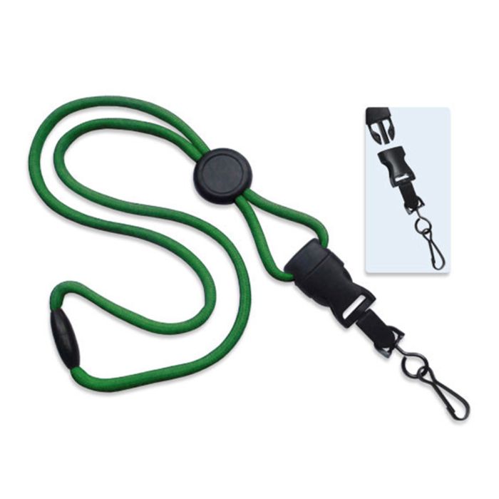 1/4'' Green Round Breakaway Lanyard w/ Round Slider & Detachable Black Oxide Swivel Hook 