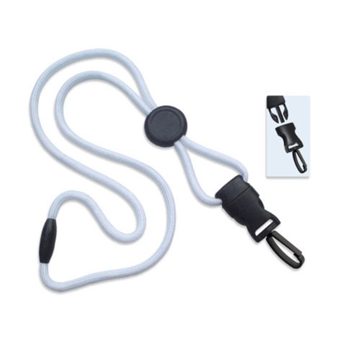 1/4'' White Round Breakaway Lanyard w/ Round Slider & Detachable Plastic Swivel Hook  