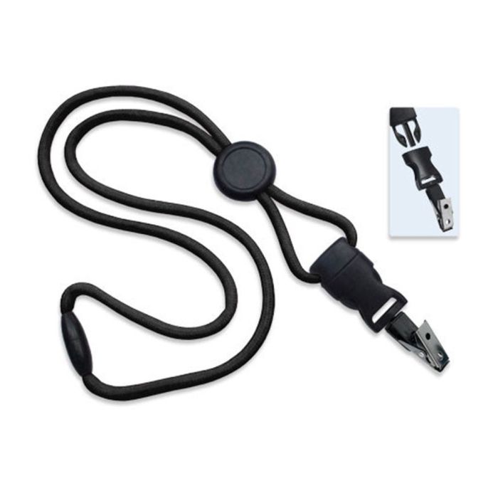 1/4'' Black Round Breakaway Lanyard w/ Round Slider & Detachable Black Oxide Bulldog Clip 