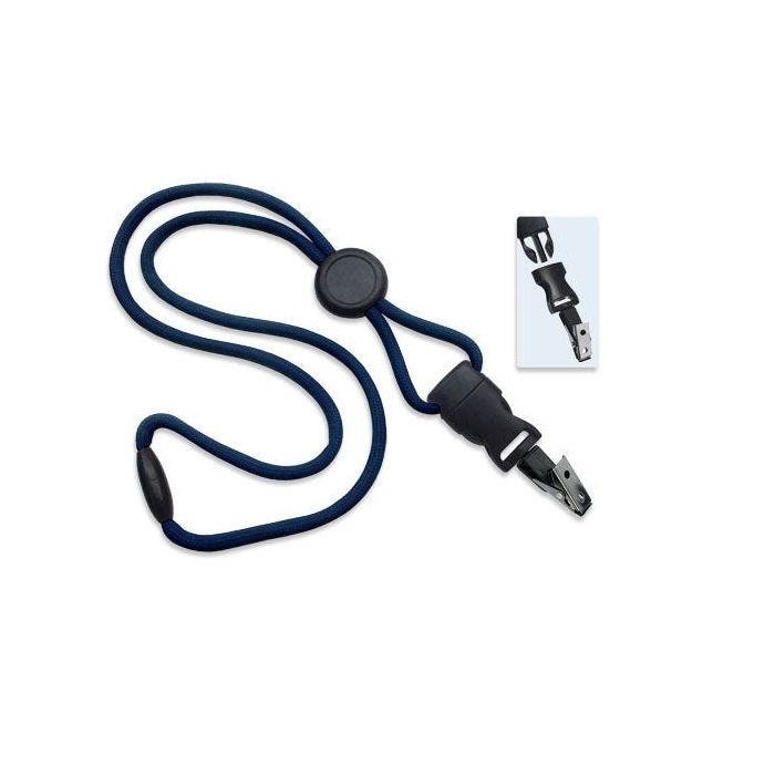 1/4'' Navy Blue Round Breakaway Lanyard w/ Round Slider & Detachable Black Oxide Bulldog Clip 