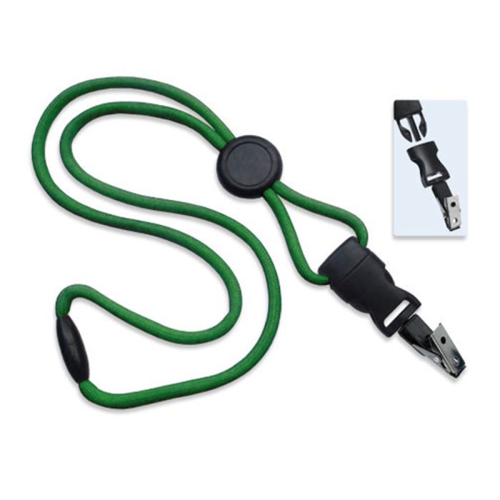 1/4'' Green Round Breakaway Lanyard w/ Round Slider & Detachable Black Oxide Bulldog Clip 