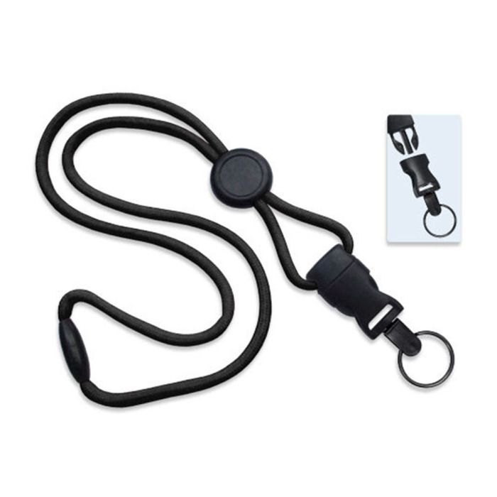 1/4'' Black Round Breakaway Lanyard w/ Round Slider & Detachable Black Oxide Split Ring  