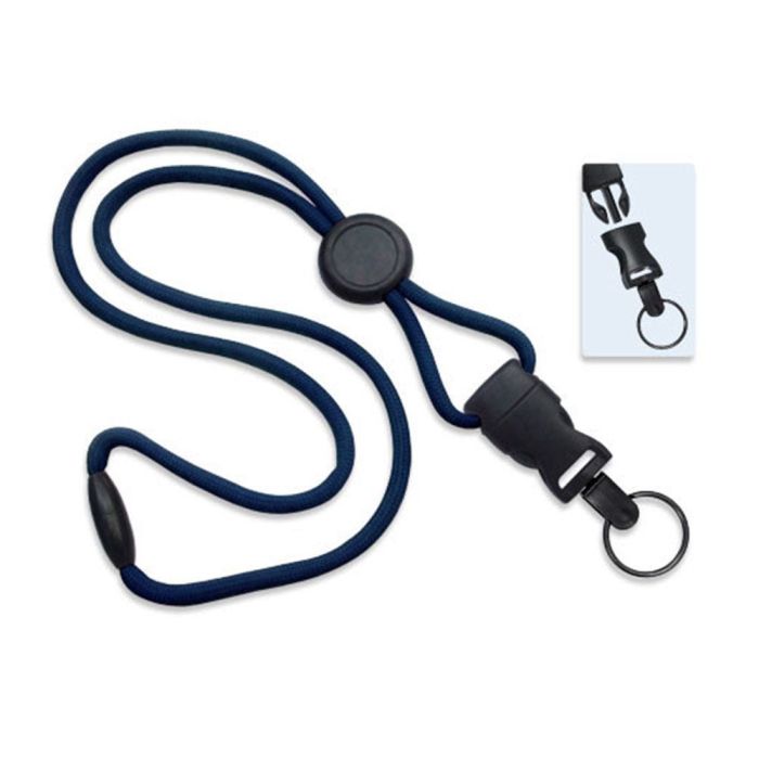 1/4'' Navy Round Breakaway Lanyard w/ Round Slider & Detachable Black Oxide Split Ring  