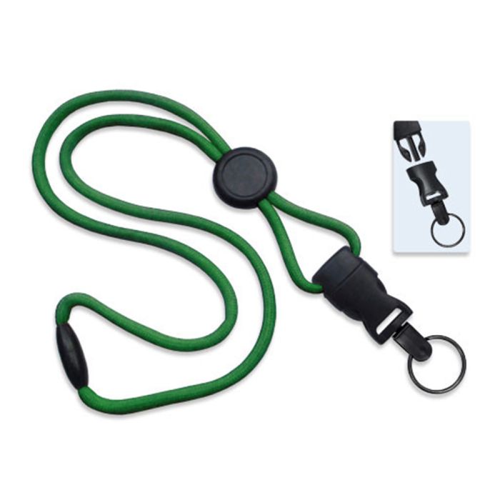 1/4'' Green Round Breakaway Lanyard w/ Round Slider & Detachable Black Oxide Split Ring 