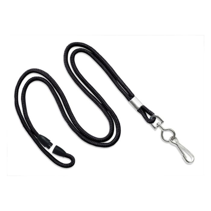 1/8'' Black Round Braid Lanyard with Safety Breakaway & Swivel Hook 