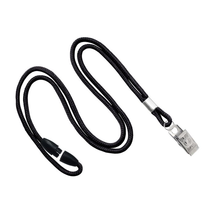 1/8'' Black Round Braid Lanyard with Safety Breakaway & Bulldog Clip 