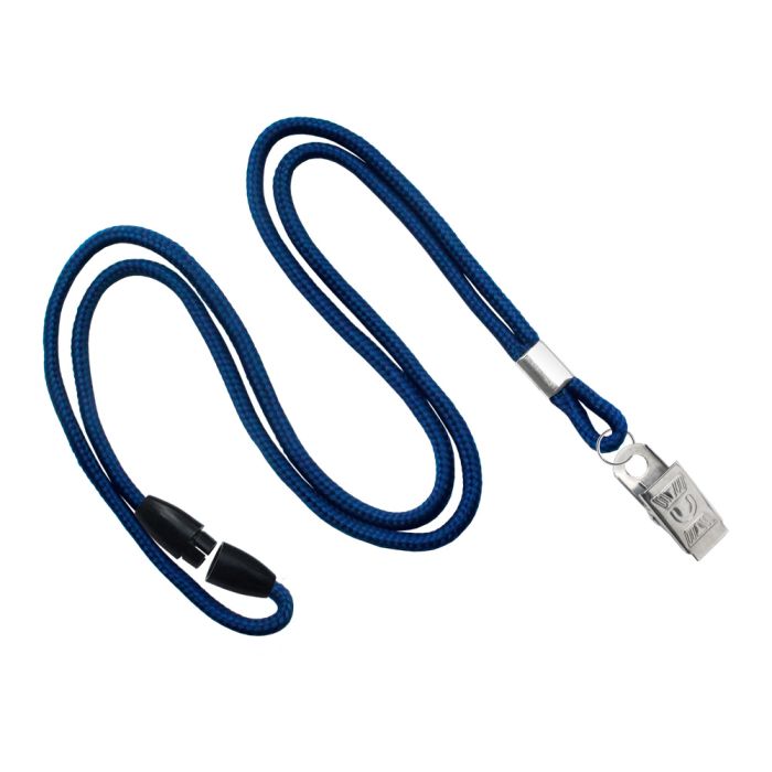 1/8'' Navy Blue Round Braid Lanyard with Safety Breakaway & Bulldog Clip 