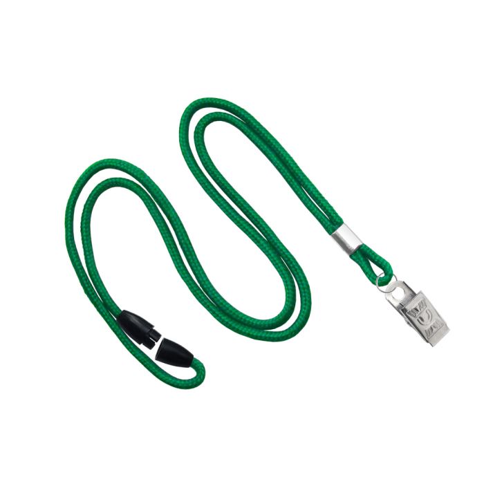 1/8'' Green Round Braid Lanyard with Safety Breakaway & Bulldog Clip 