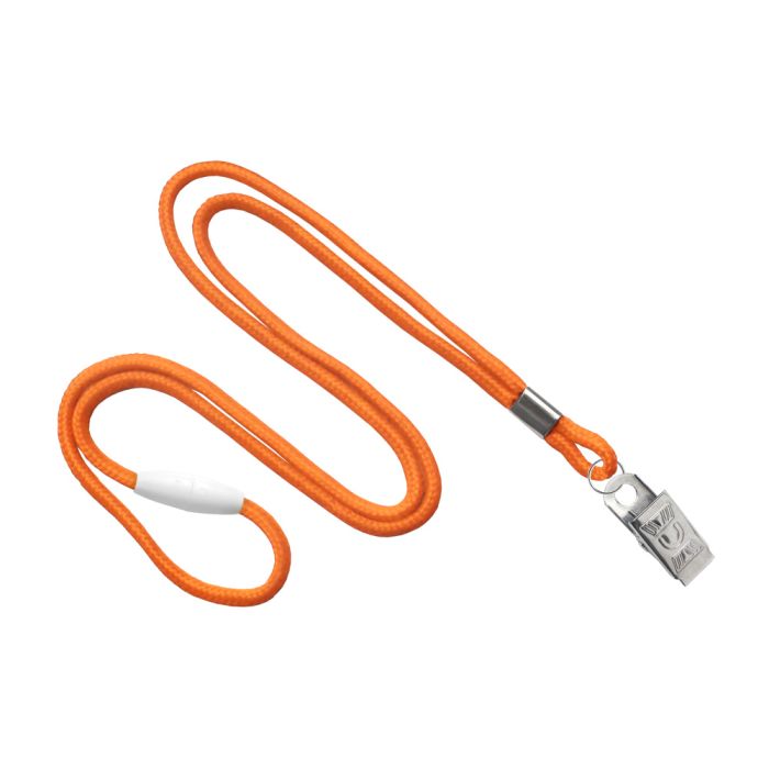 1/8'' Orange Round Braid Lanyard with Safety Breakaway & Bulldog Clip 