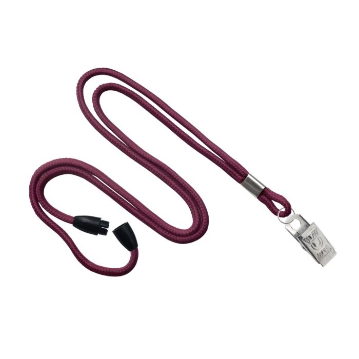 1/8'' Maroon Round Braid Lanyard with Safety Breakaway & Bulldog Clip 