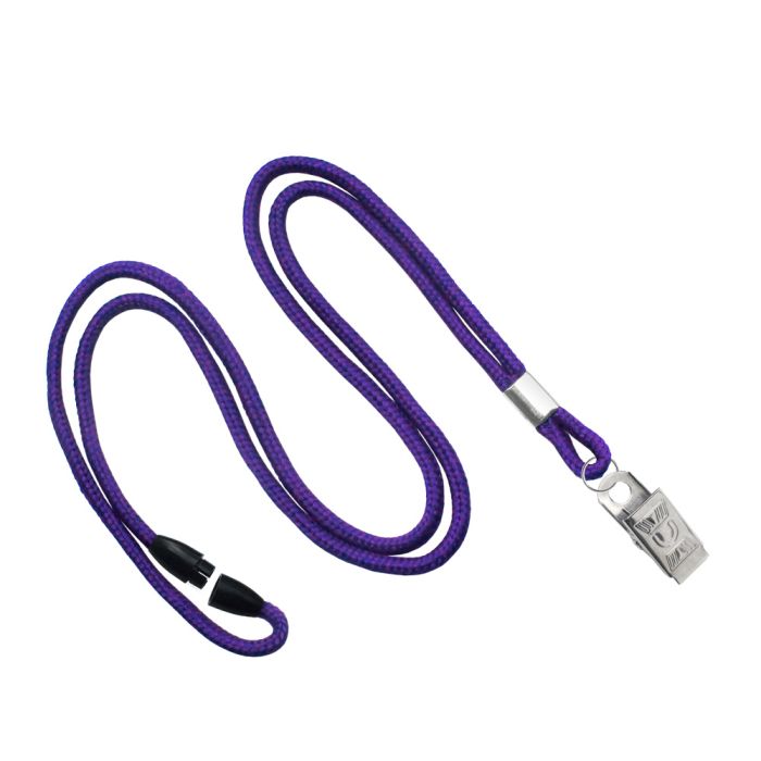 1/8'' Purple Round Braid Lanyard with Safety Breakaway & Bulldog Clip 