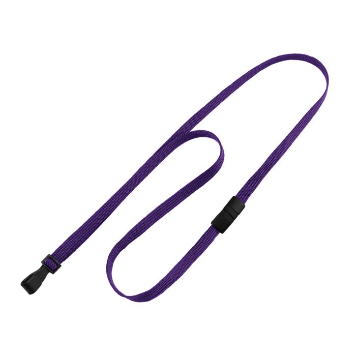 3/8'' Purple Flat Braid Lanyard with Black Safety Breakaway & Wide Plastic Hook 