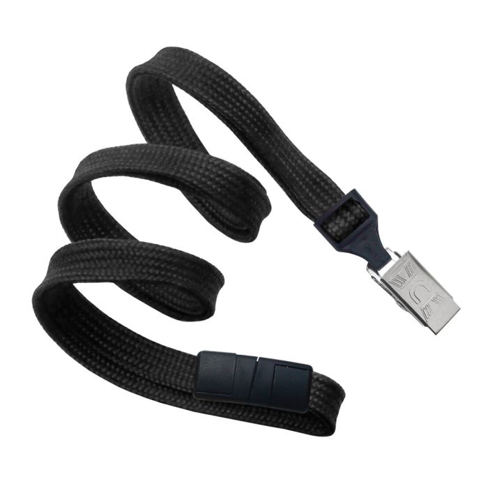3/8'' Black Flat Braid Lanyard with Black Safety Breakaway & Bulldog Clip 