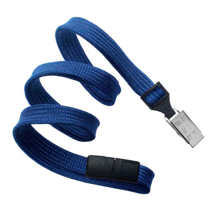 3/8'' Royal Blue Flat Braid Lanyard with Black Safety Breakaway & Bulldog Clip 