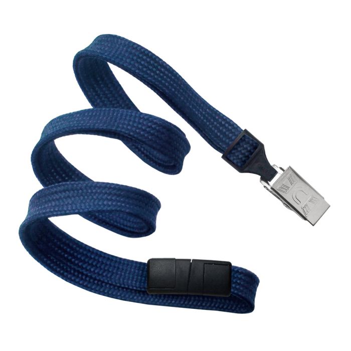 3/8'' Navy Blue Flat Braid Lanyard with Black Safety Breakaway & Bulldog Clip 
