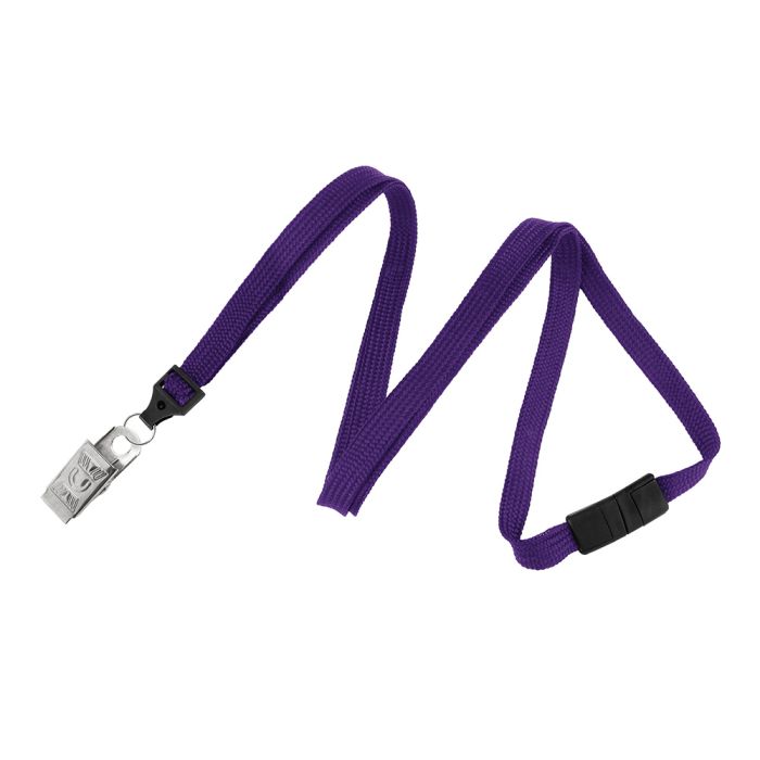 3/8'' Purple Flat Braid Lanyard with Black Safety Breakaway & Bulldog Clip 