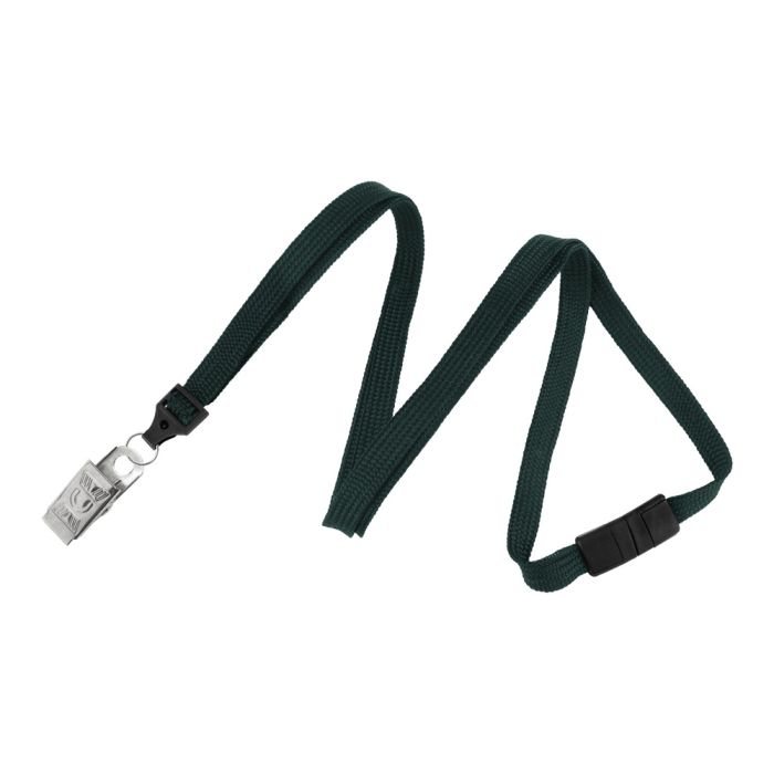 3/8'' Green Flat Braid Lanyard with Black Safety Breakaway & Bulldog Clip 