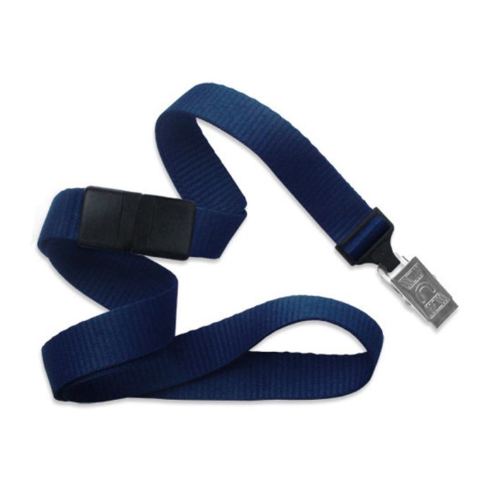 5/8'' Navy Blue Flat Braid Lanyard with Black Safety Breakaway & Bulldog Clip 