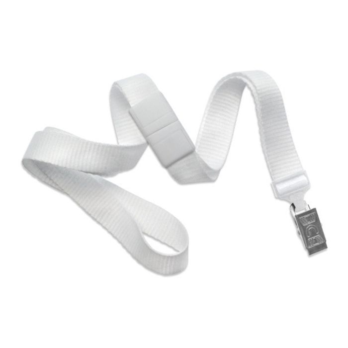 5/8'' White Flat Braid Lanyard with White Safety Breakaway & Bulldog Clip 