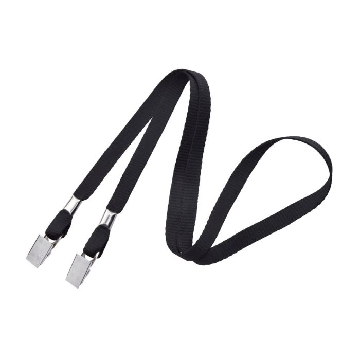 3/8'' Black Flat Opened-ended Lanyard w/ Two Bulldog Clips 