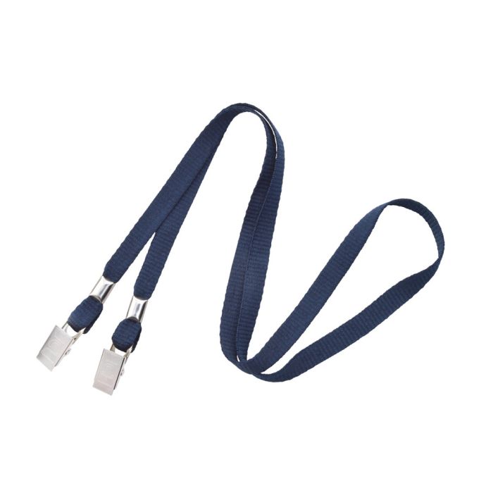 3/8'' Navy Blue Flat Opened-ended Lanyard w/ Two Bulldog Clips 