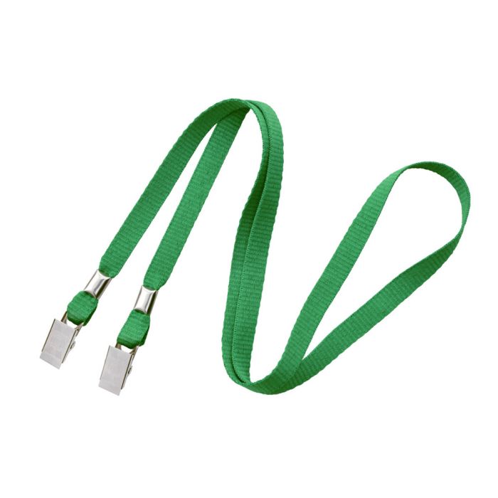 3/8'' Green Flat Opened-ended Lanyard w/ Two Bulldog Clips 