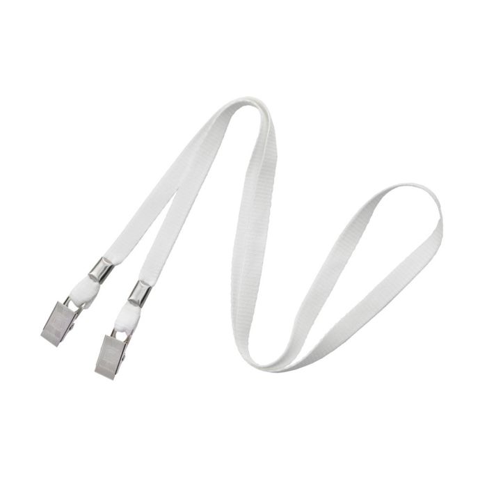 3/8'' White Flat Opened-ended Lanyard w/ Two Bulldog Clips 