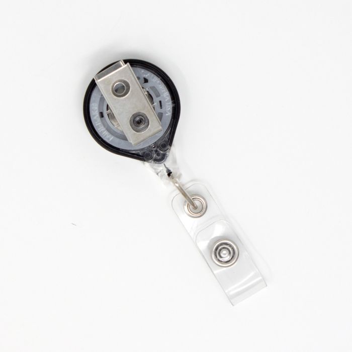 Mini Black Round Badge Reels w/ Swivel Clip & Clear Plastic Strap 