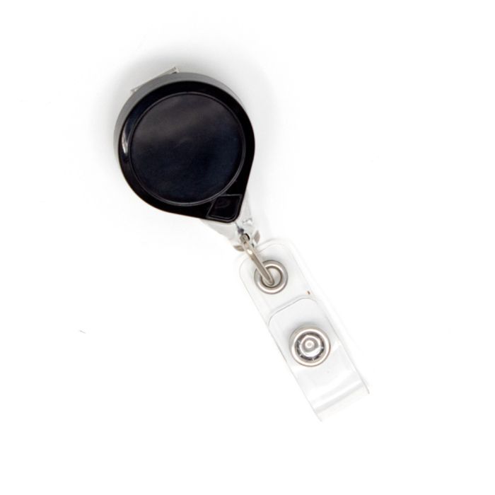 Mini Black Round Badge Reels w/ Swivel Clip & Clear Plastic Strap 