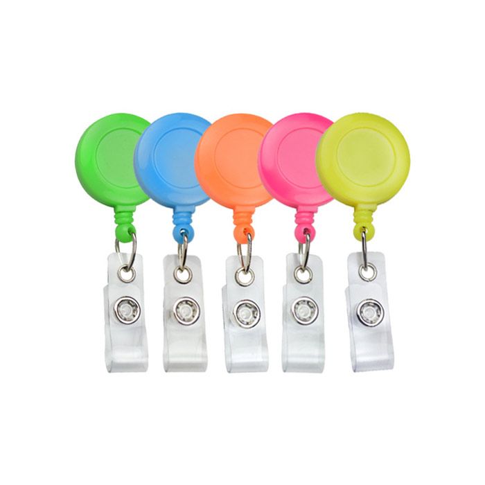 Round Neon Badge Reels - 1.25'' - Belt Clip - Clear Strap 