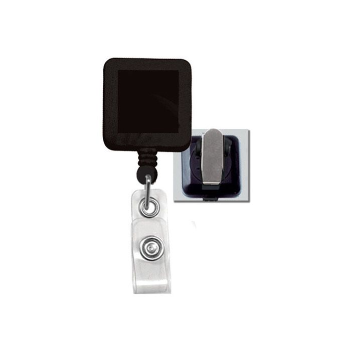Black Square Badge Reel - 1.25'' - Spring Clip - Clear Strap 